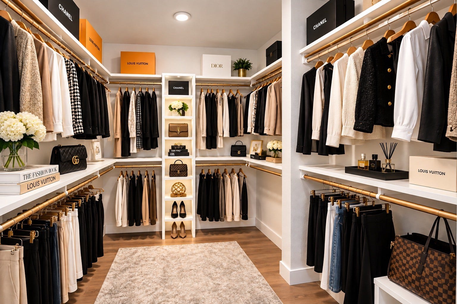 Luxurious walk-in closet featuring custom shelving, elegant hanging space, and ample storage for a sophisticated wardrobe. AI Generated