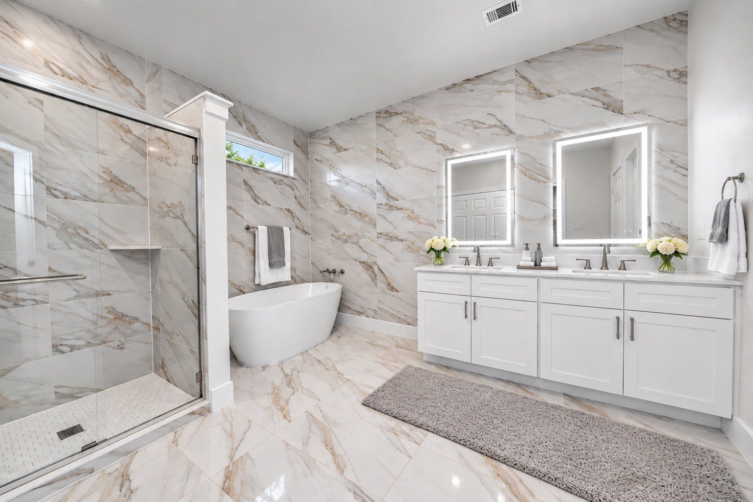 Luxurious bathroom featuring elegant marble tile, a spacious glass-enclosed shower, modern double vanity with illuminated mirrors, and a sleek freestanding bathtub for ultimate relaxation. AI Generated