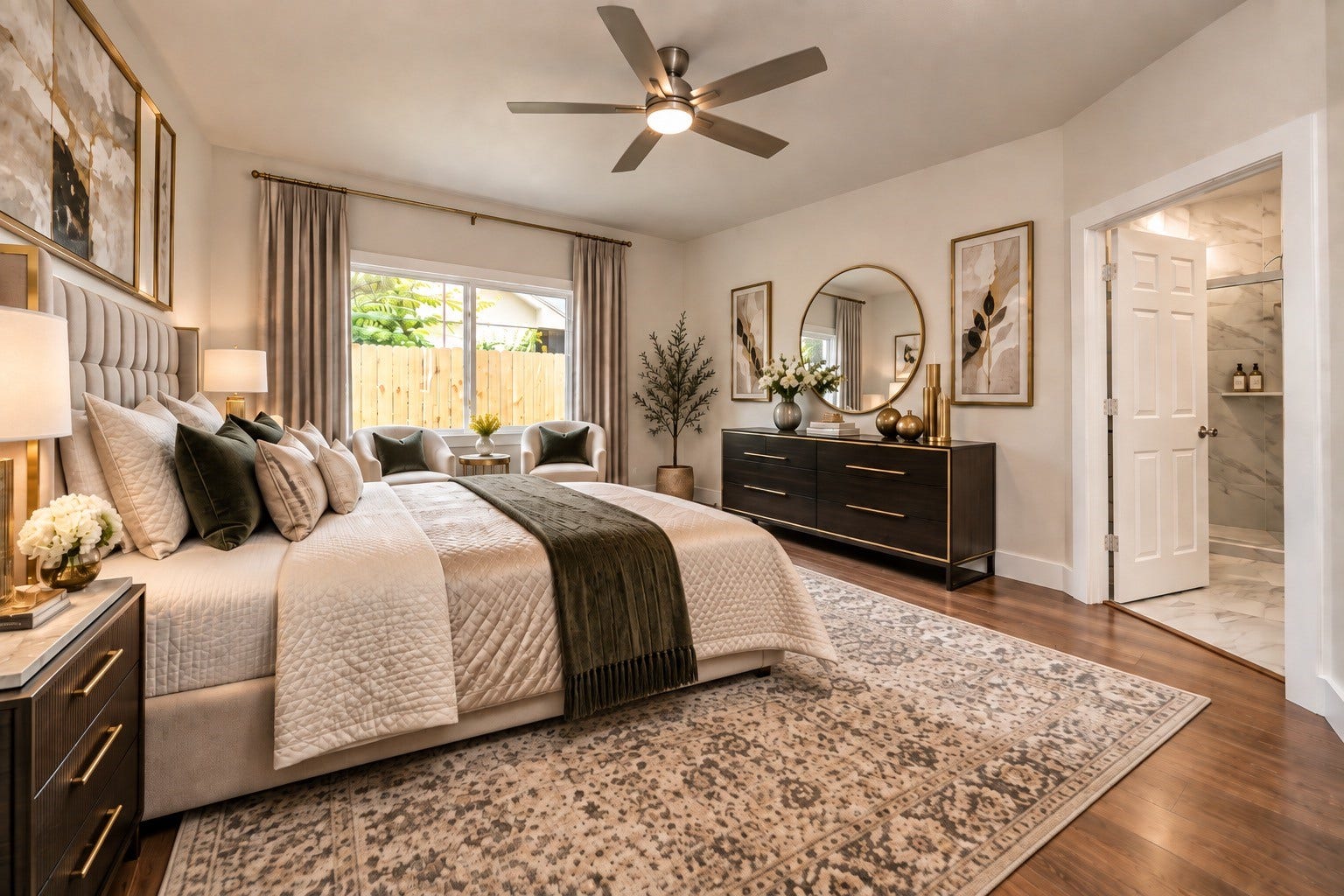 Spacious and elegantly designed bedroom featuring a plush bed, stylish furnishings, and a large window offering natural light. A sleek en-suite bathroom adds convenience and luxury. AI Generated