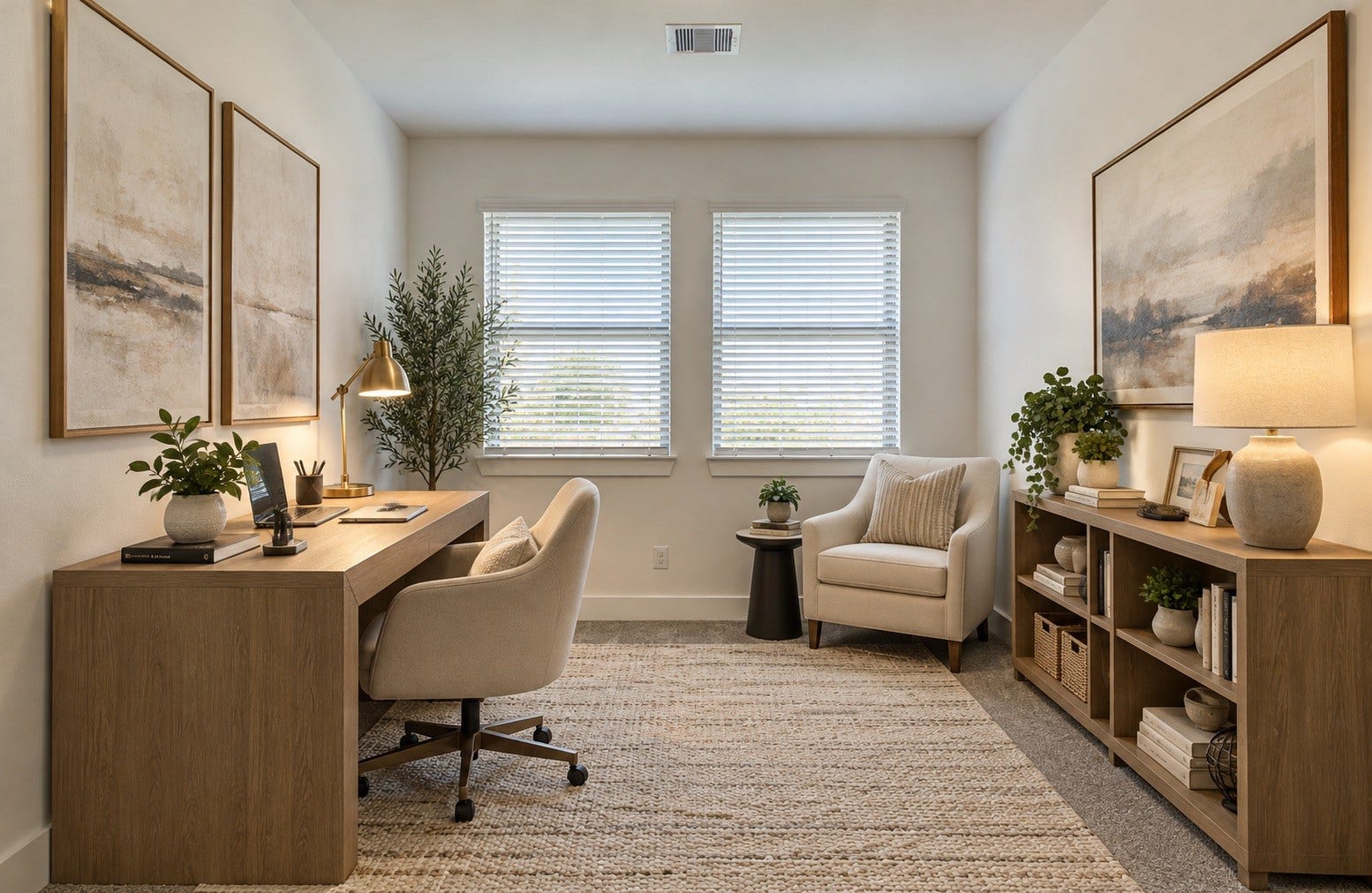 Virtually staged upstairs flex space shown as a home office.