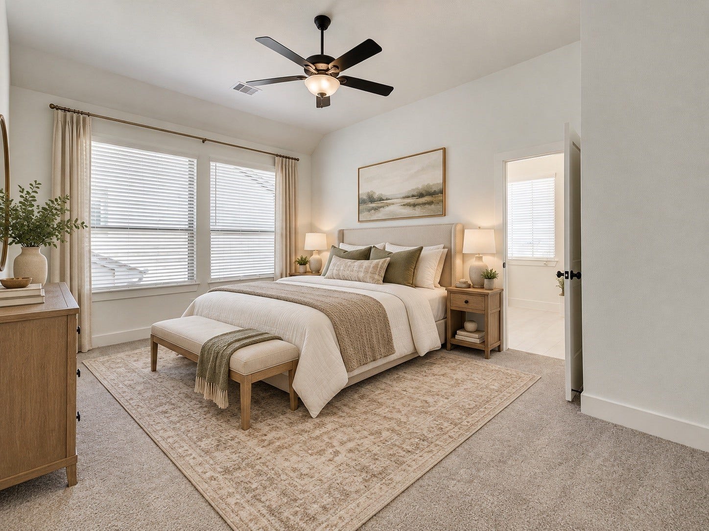 Virtually staged primary bedroom showcasing the rooms generous layout and furnishing potential, with space for a full bedroom suite and comfortable retreat-style setup.