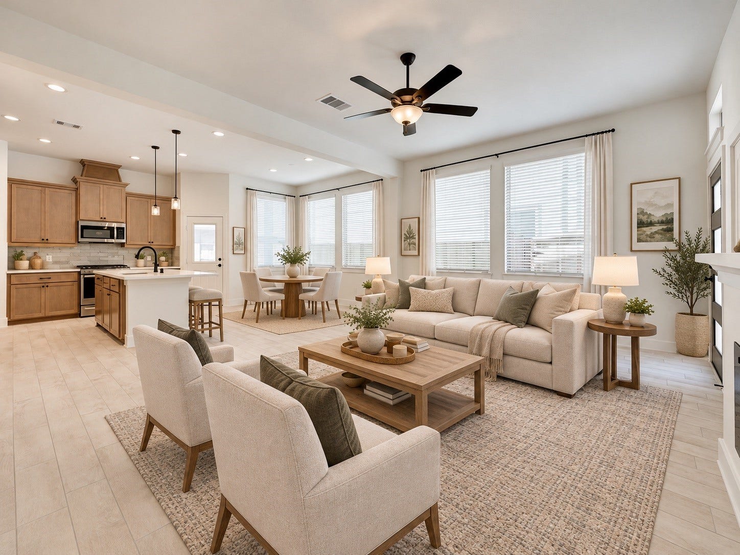 Virtually staged living room highlighting the bright open-concept design and spacious layout.