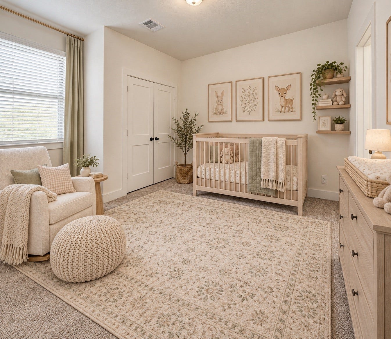 Virtually staged Bedroom 3 shown as a charming nursery, highlighting the rooms flexibility for a babys room, guest room, or additional bedroom.