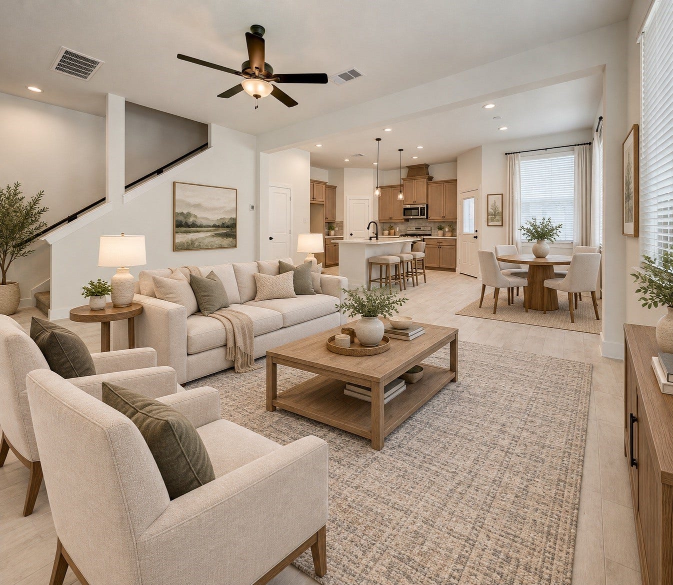 Virtually staged to show the potential of the main living area and open flow to the kitchen and dining space.