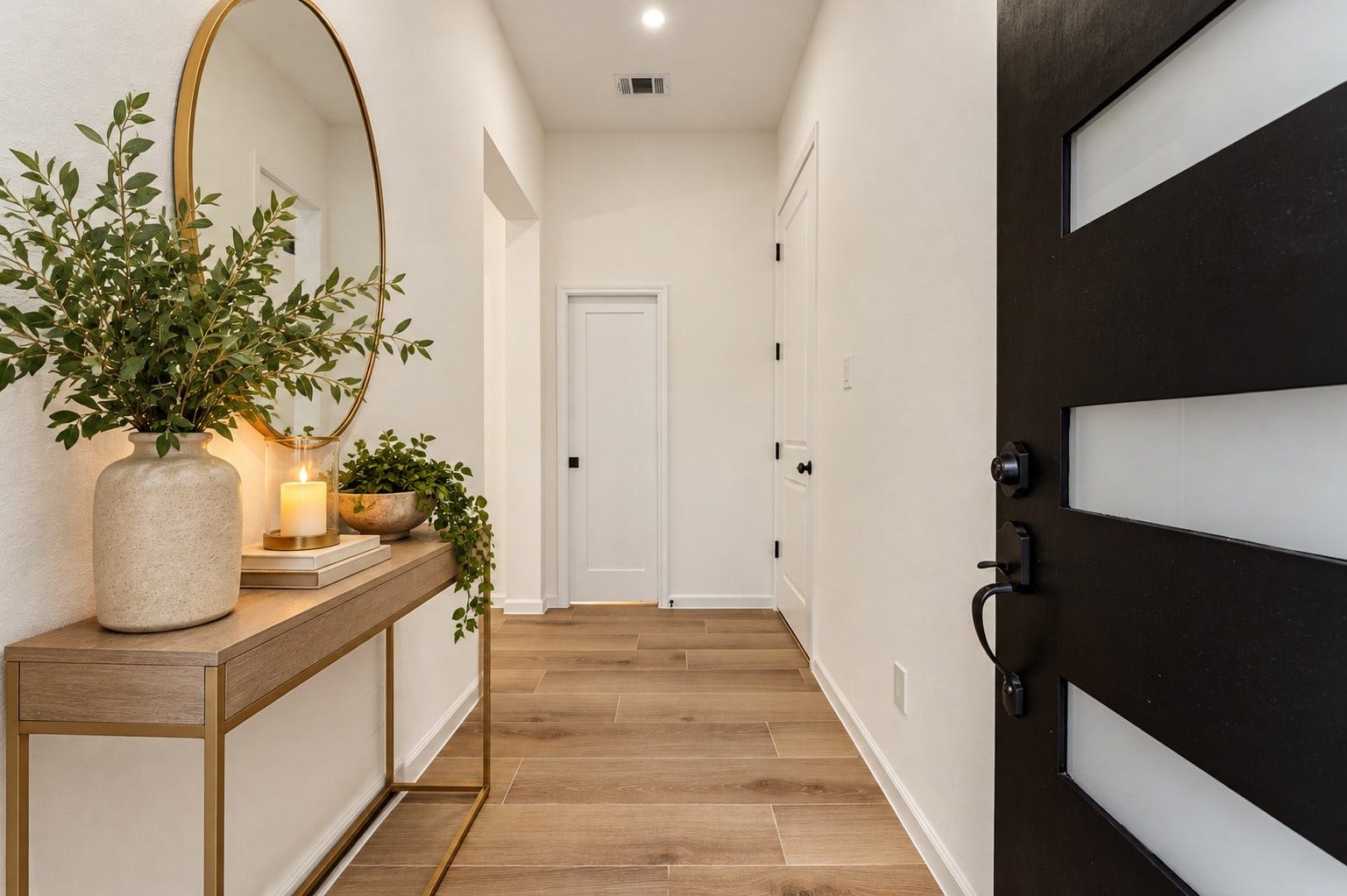 8132 Sunnyhill Street, Houston, TX 77088 Welcome home! Step inside this inviting entryway, where warm wood-look flooring and clean, modern finishes create a beautiful first impression. A convenient powder room is located straight ahead, with direct access to the garage on your right. A thoughtfully designed entrance that blends everyday convenience with modern elegance. VS