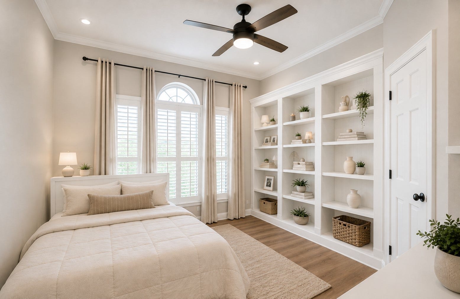 AI rendition of study as a bedroom with wood accents painted white