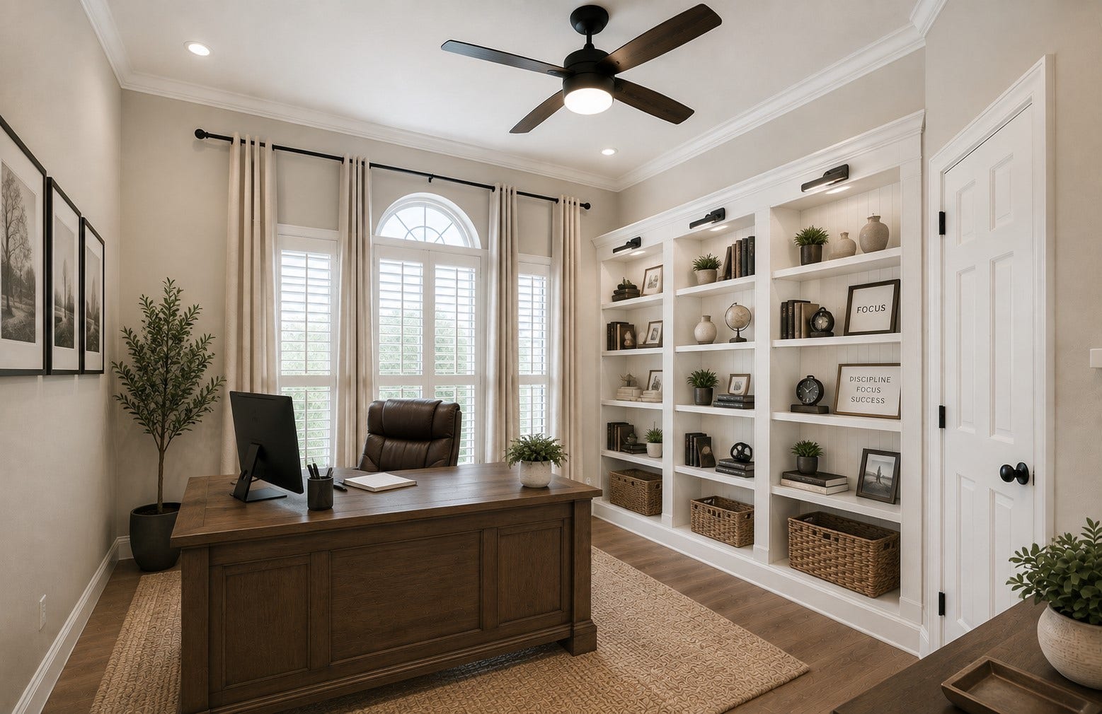 AI rendition of study with wood accents painted white.