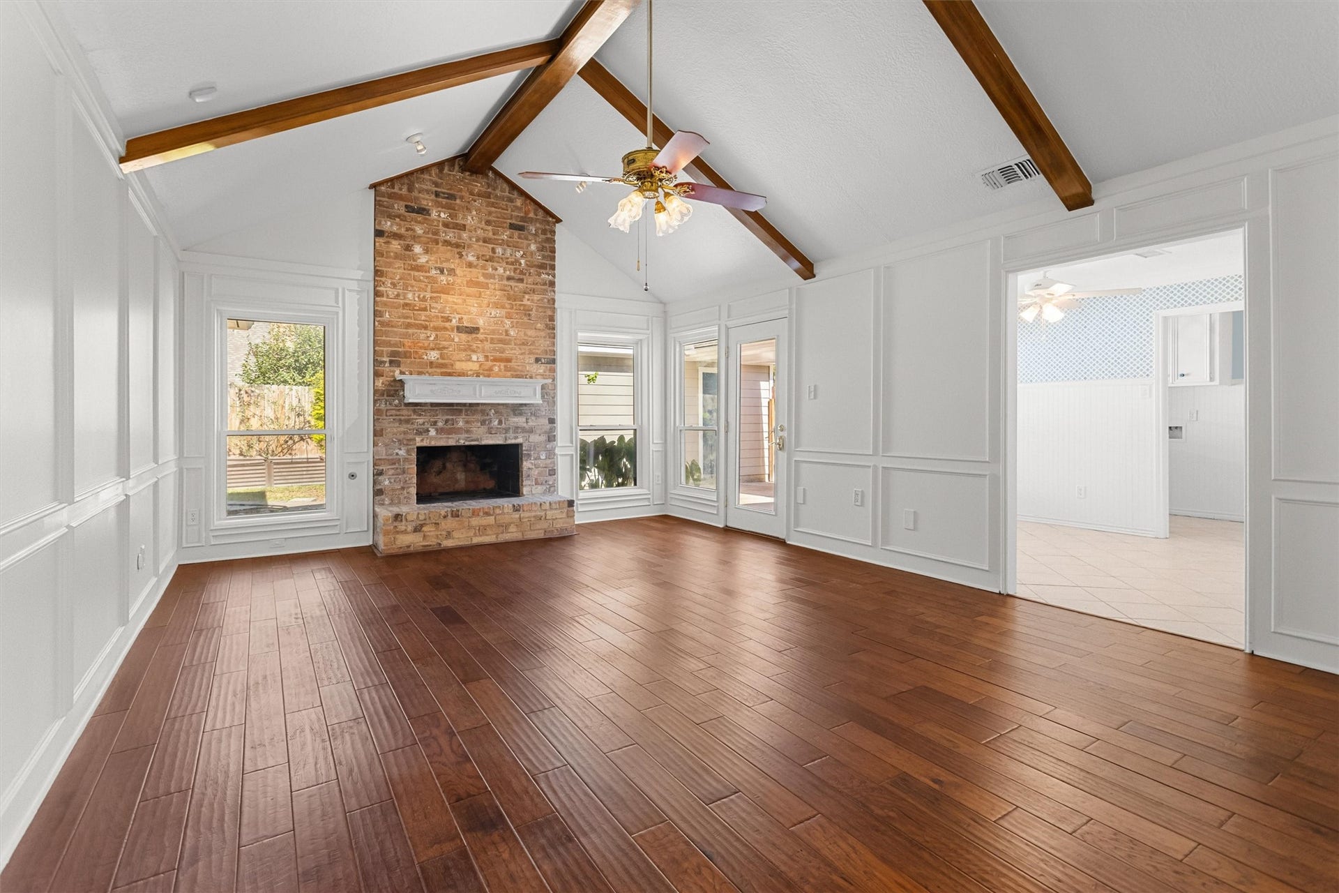 6502 Castle Lane Drive, Houston, TX 77066 Den with Fireplace and Vaulted Ceiling.