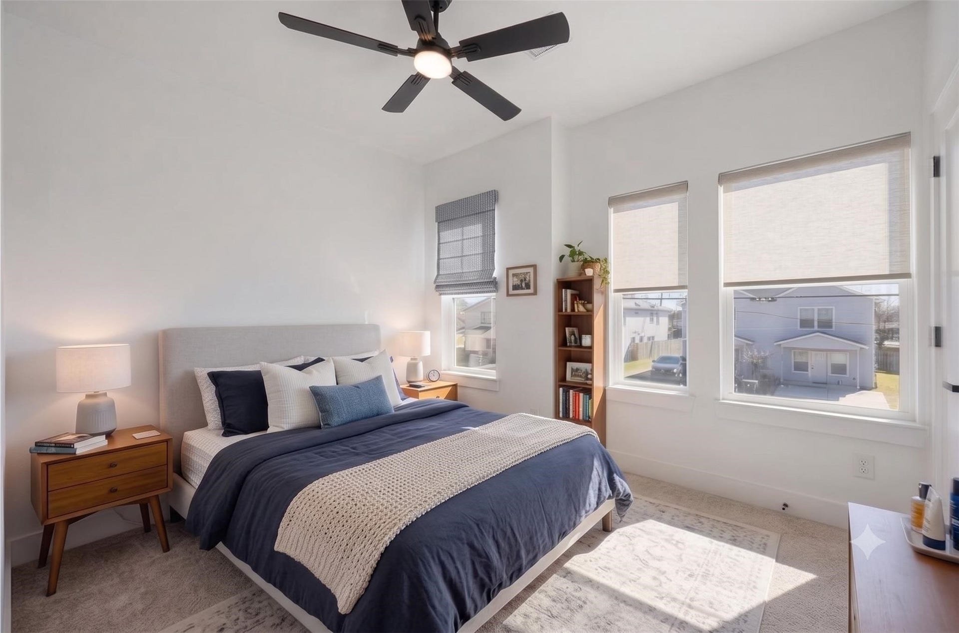 7920 Boy Street, #B, Houston, TX 77028 Bright bedroom featuring multiple windows, a ceiling fan, and generous natural light.