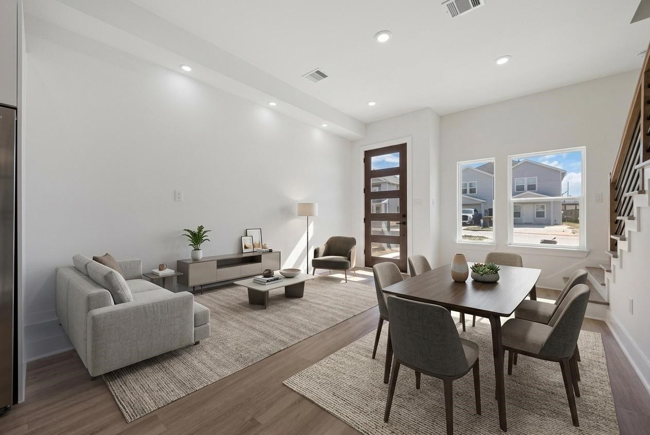 7920 Boy Street, #B, Houston, TX 77028 Bright and inviting open-concept living and dining area with abundant natural light and contemporary finishes.