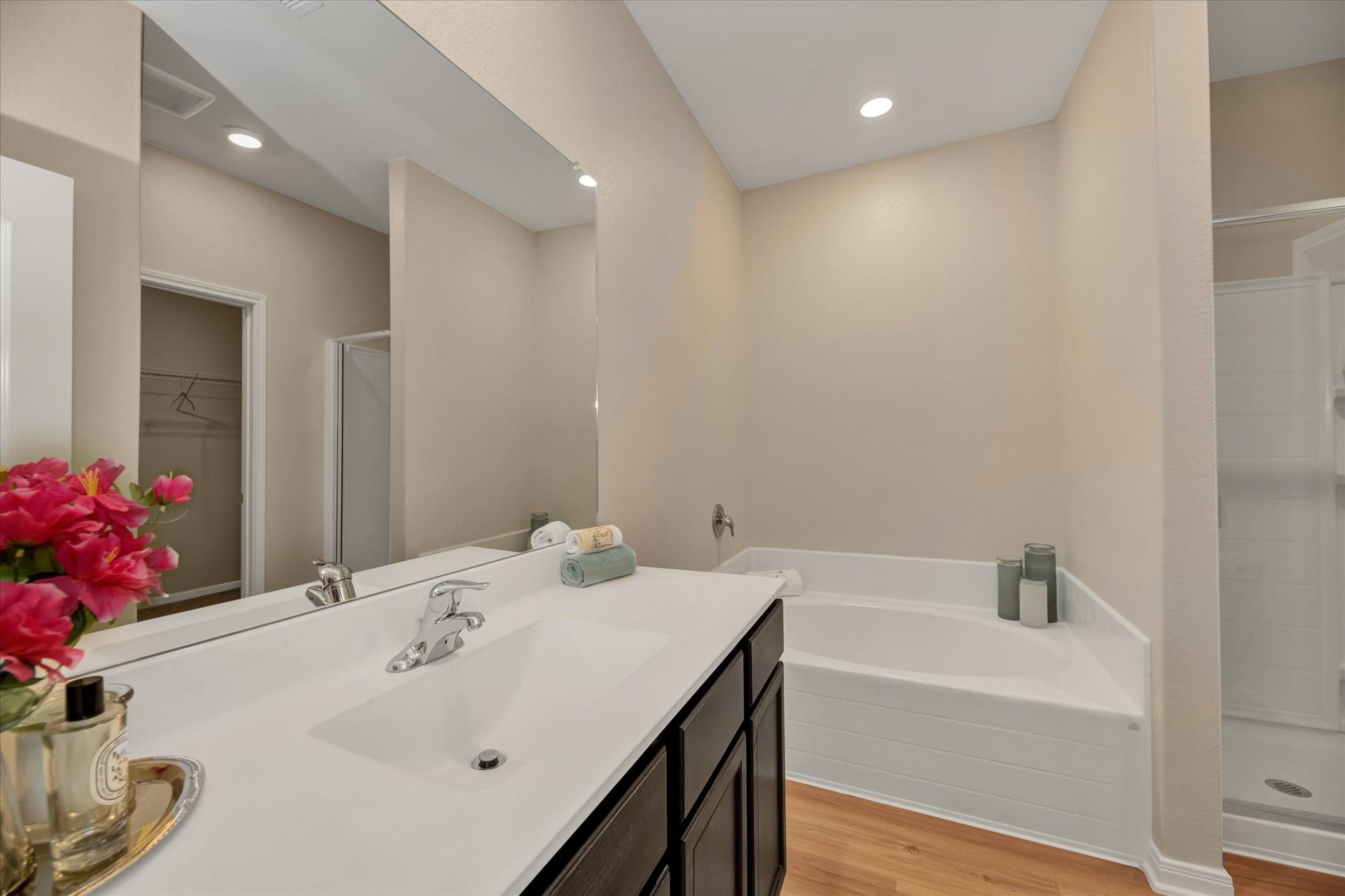 2136 Mule Ridge Drive, Katy, TX 77493 Primary bathroom with separate shower and soaking tub. Staged.