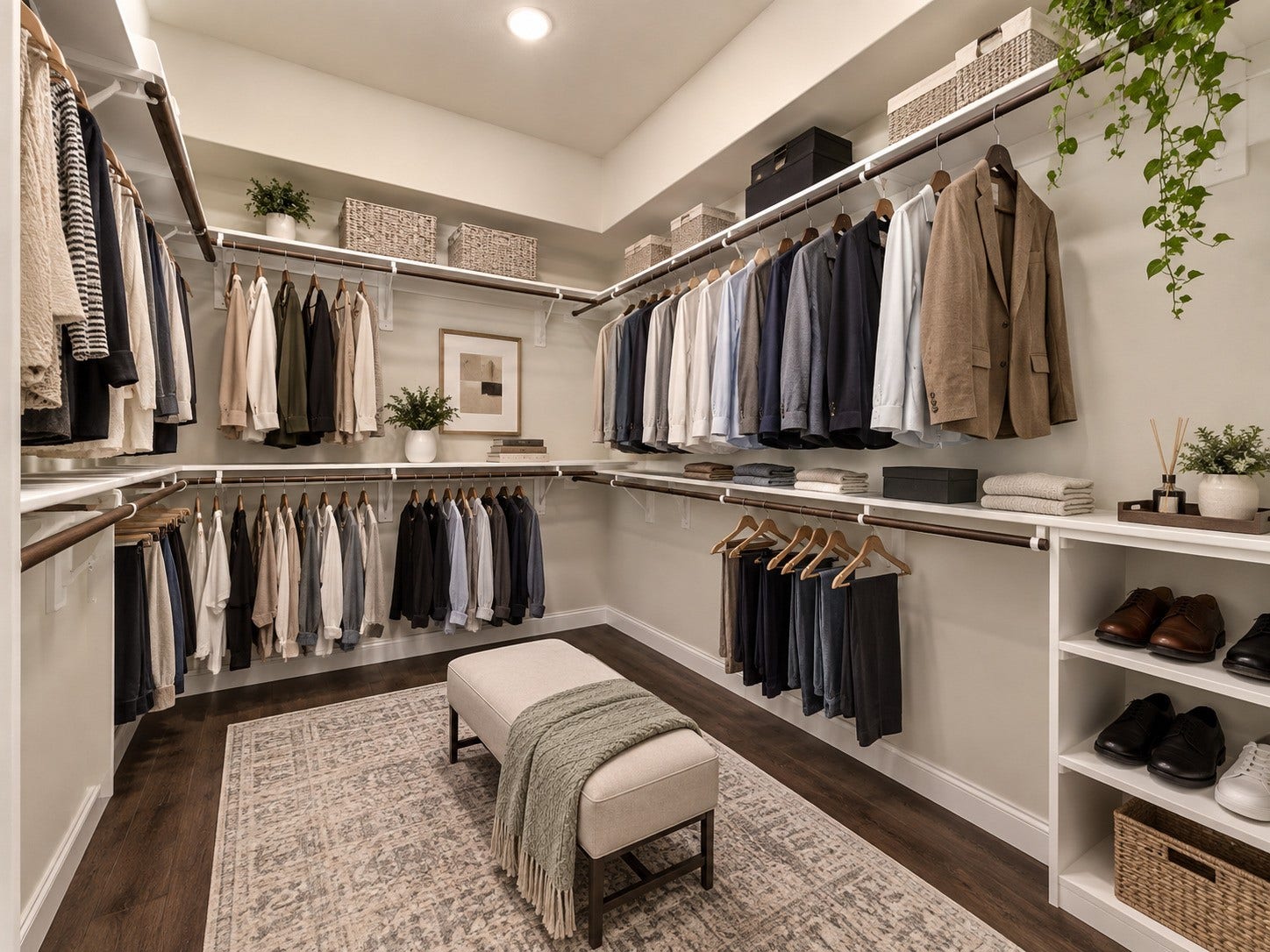 Second walk-in closet with wraparound hanging rods, built-in shelving, and wood flooring. Virtually Stagged.