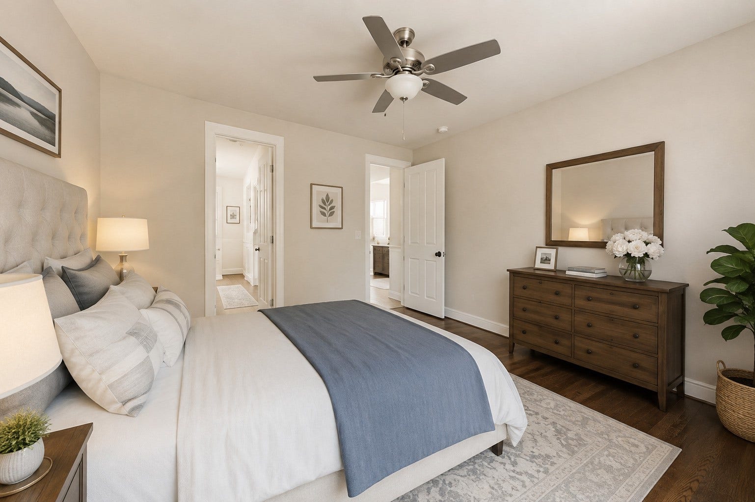 Enjoy the flexibility of a bright secondary bedroom with rich wood flooring and a private en-suite bath ideal for guests or creating a personal space that feels truly separate.