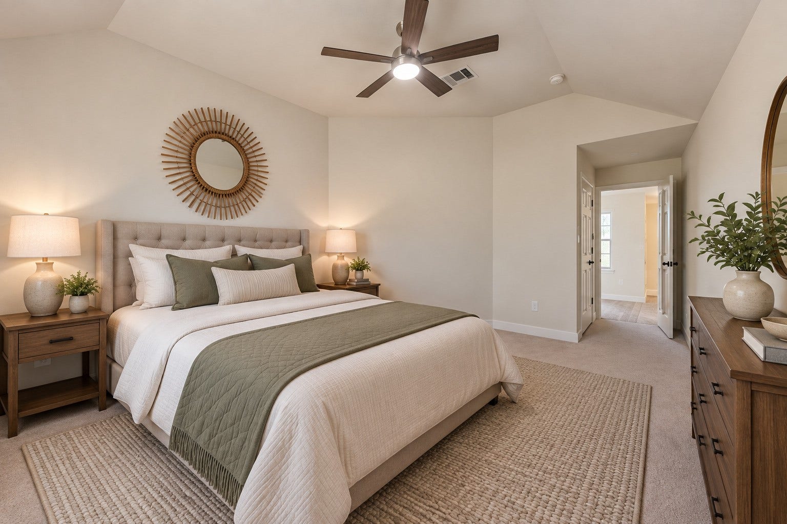 Vaulted ceiling adds an airy feel to this inviting fourth bedroom. Virtually Stagged