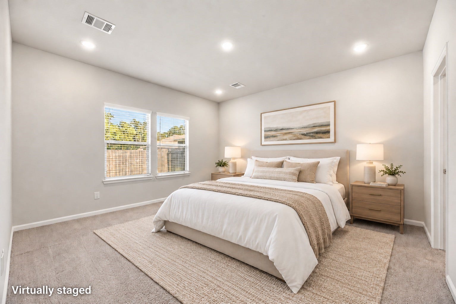 16493 Moss Lane, Porter, TX 77365 Soft textures and a calm neutral palette illustrate a restful bedroom retreat. Furniture and decor are virtually staged; the original room photo is included.
