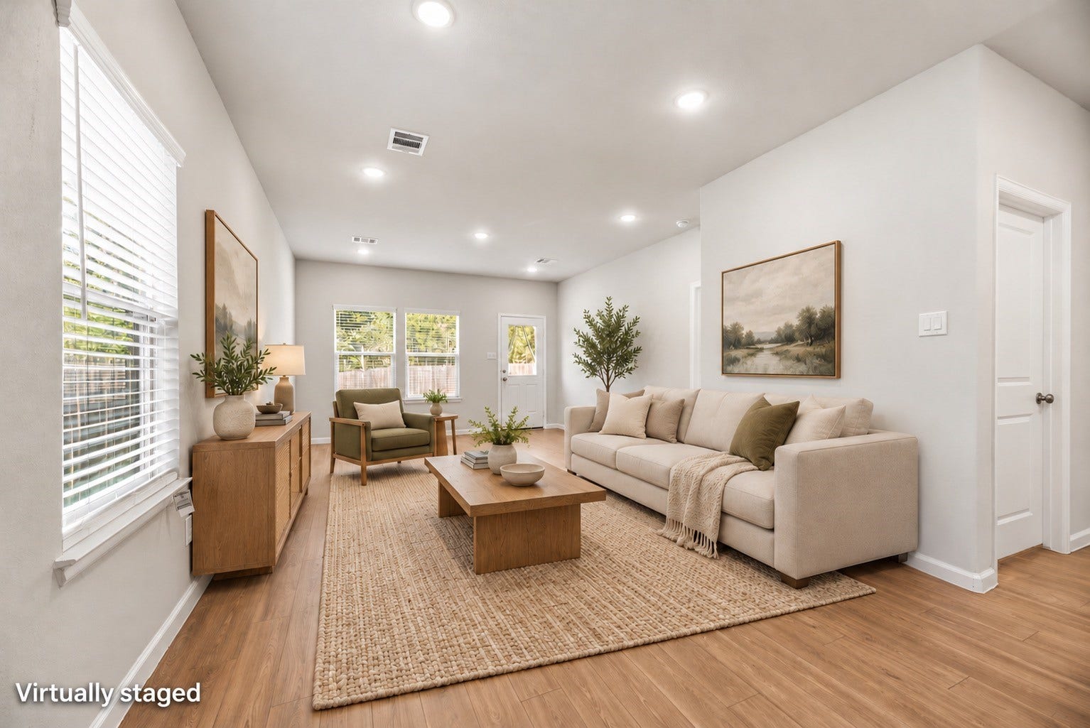 16493 Moss Lane, Porter, TX 77365 Picture a comfortable gathering space with room to relax and stay connected to the kitchen. Furniture and decor are virtually staged; the original room photo is included.