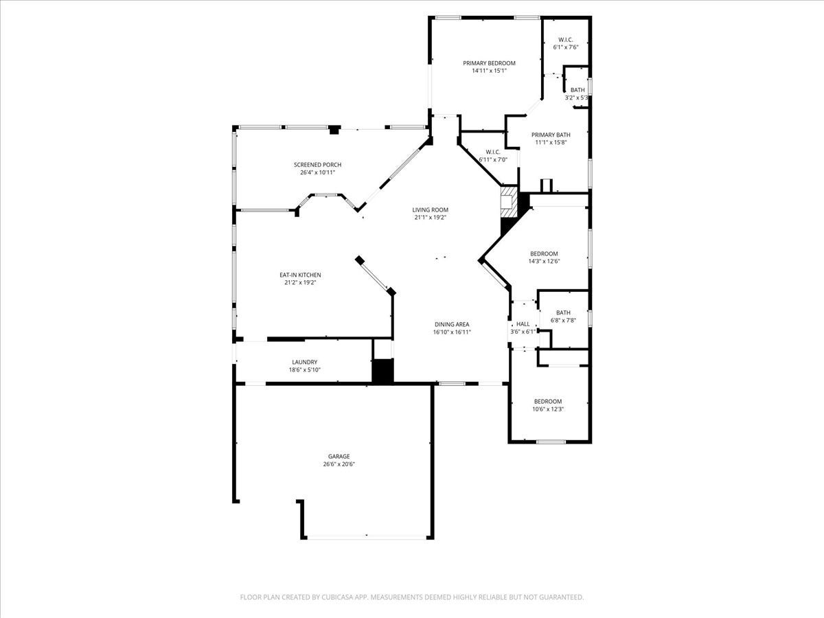 This floor plan features a spacious layout with three bedrooms, including a primary suite with a walk-in closet and en-suite bath. There's a large living room, an eat-in kitchen, a dining area, and a screened porch. Additional highlights include a laundry room and a two-car garage.