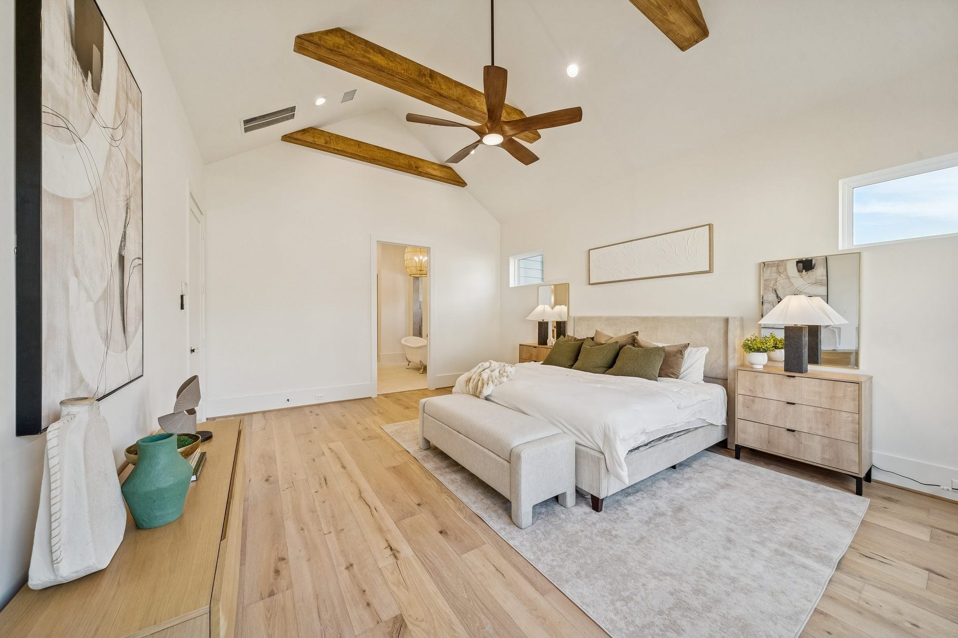 The primary bedroom looking towards the exceptional spa bathroom.