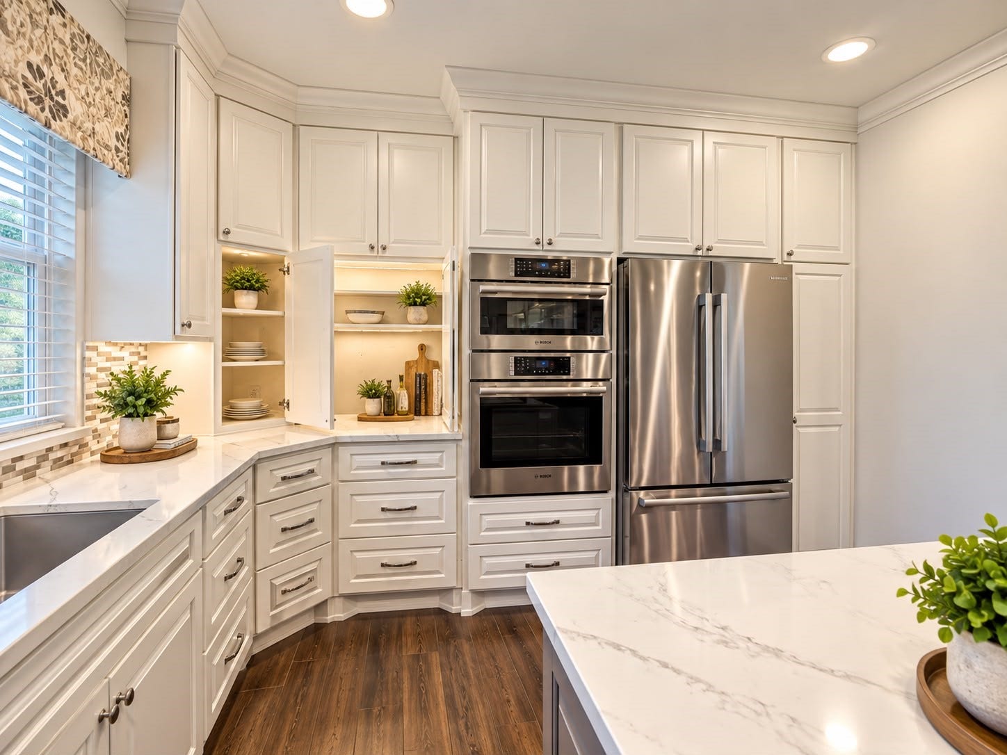 1430 Stependale Drive, Katy, TX 77450 Kitchen sink positioned beneath elegant arched windows, complemented by white cabinetry and stone countertops.