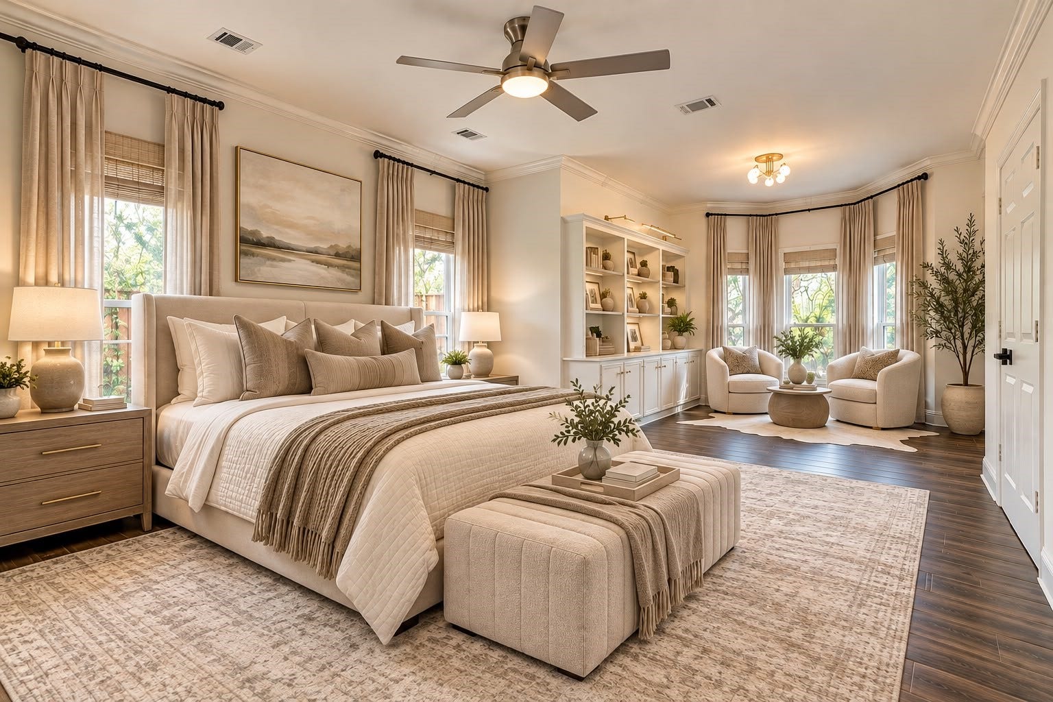 1430 Stependale Drive, Katy, TX 77450 Spacious primary bedroom featuring elegant neutral finishes, a comfortable sitting area, built-in shelving, abundant natural light, and warm wood flooring.