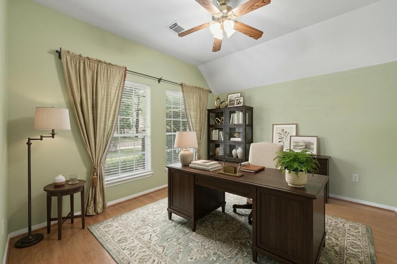26 N Brooksedge Circle, The Woodlands, TX 77382 The versatile front room, virtually staged as a home office.