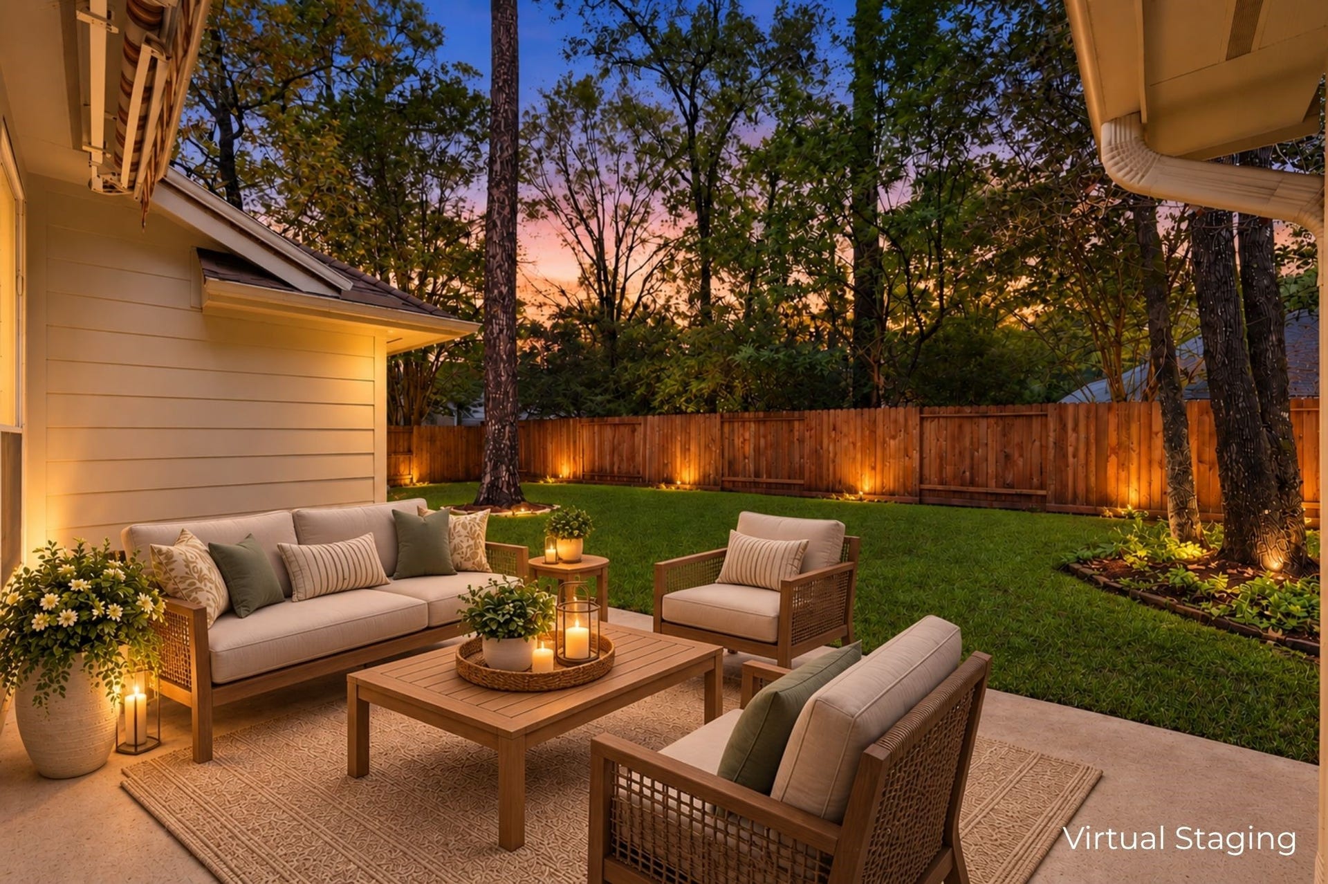26 N Brooksedge Circle, The Woodlands, TX 77382 Virtually staged photo of the back patio at twilight.