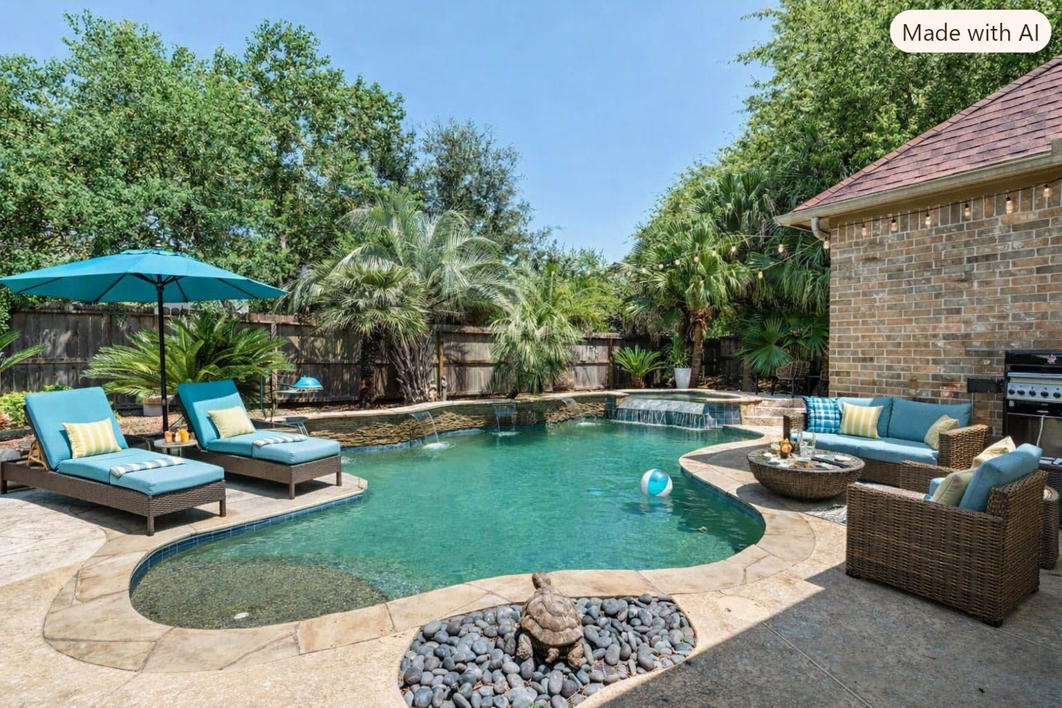 2525 W Ranch Drive, Friendswood, TX 77546 Virtually staged: Resort-style backyard featuring a sparkling pool with waterfall features.