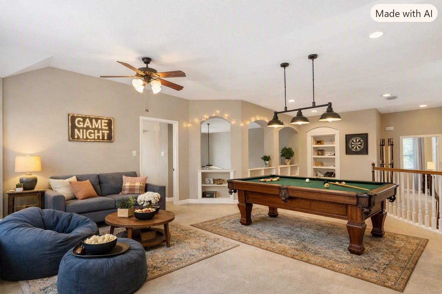 2525 W Ranch Drive, Friendswood, TX 77546 Virtually staged: Spacious upstairs game room with built-in shelving, ached openings and an open layout overlooking the curved staircase and entryway.