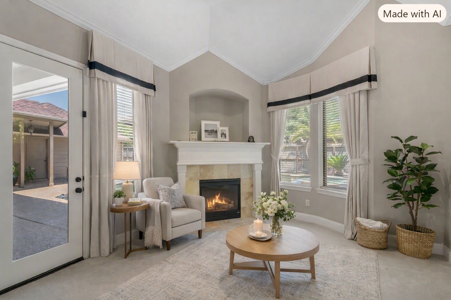 2525 W Ranch Drive, Friendswood, TX 77546 Virtually staged: Private Sitting room adjoining the master bedroom. It features a cozy fireplace, creating a true retreat and access to the pool.