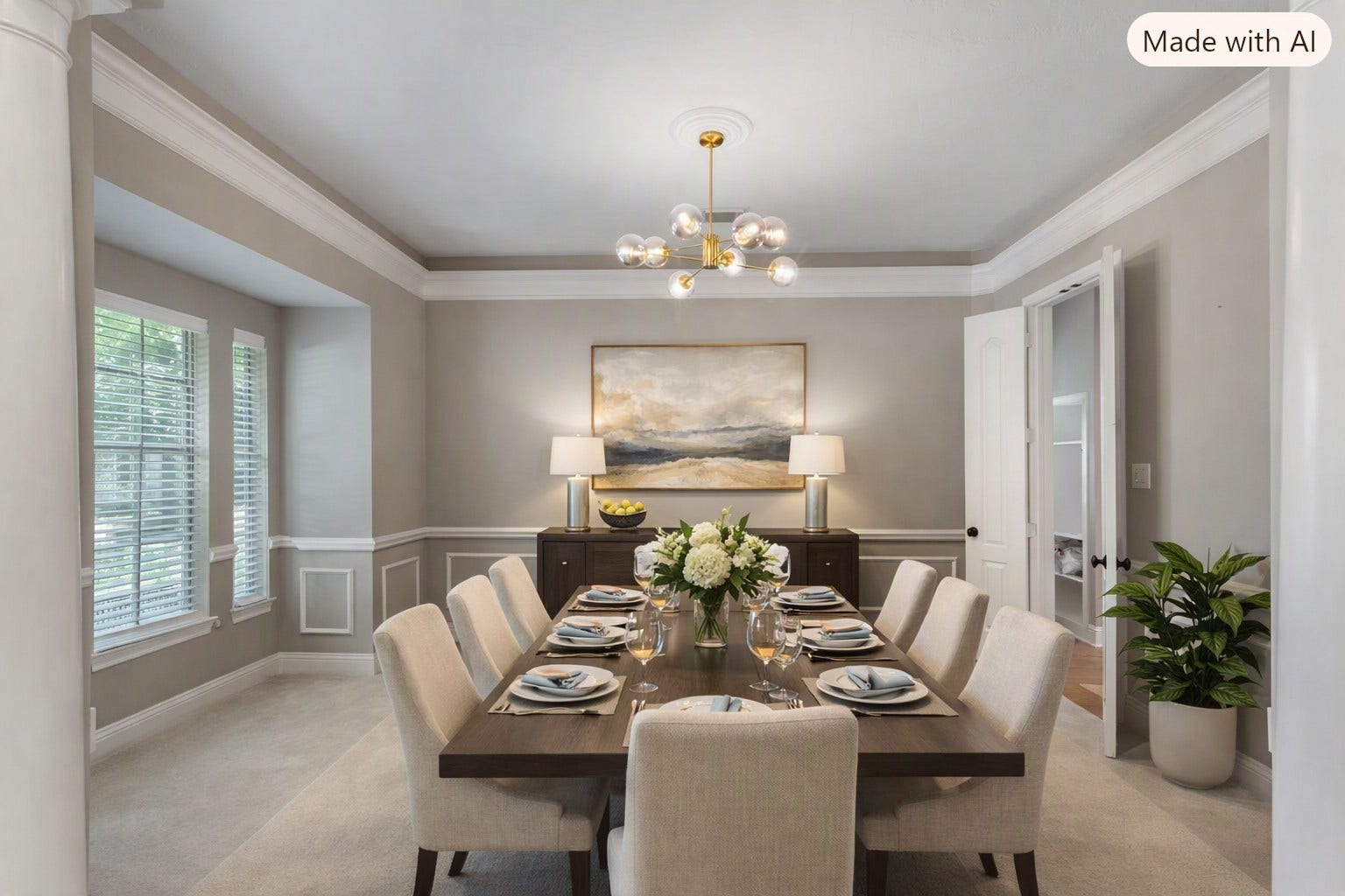 2525 W Ranch Drive, Friendswood, TX 77546 Virtually staged: Spacious formal dining room featuring a modern chandelier, tall windows for natural light, and neutral tones. This versatile room offers a welcoming setting for gatherings and flows seamlessly into the adjoining rooms.