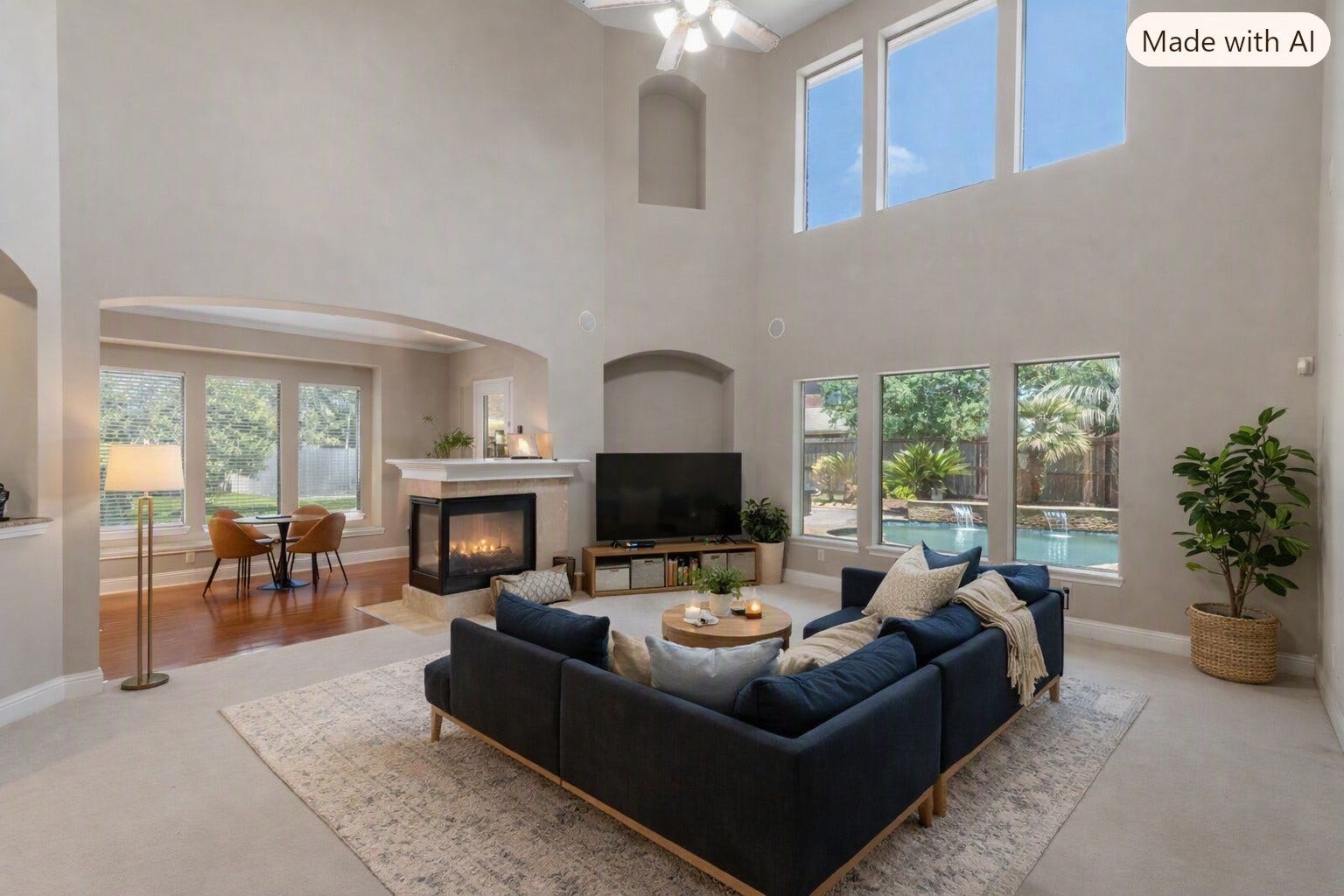 2525 W Ranch Drive, Friendswood, TX 77546 Virtually staged: Large family room open to the breakfast room and kitchen, creating a perfect setting for everyday living and entertaining.