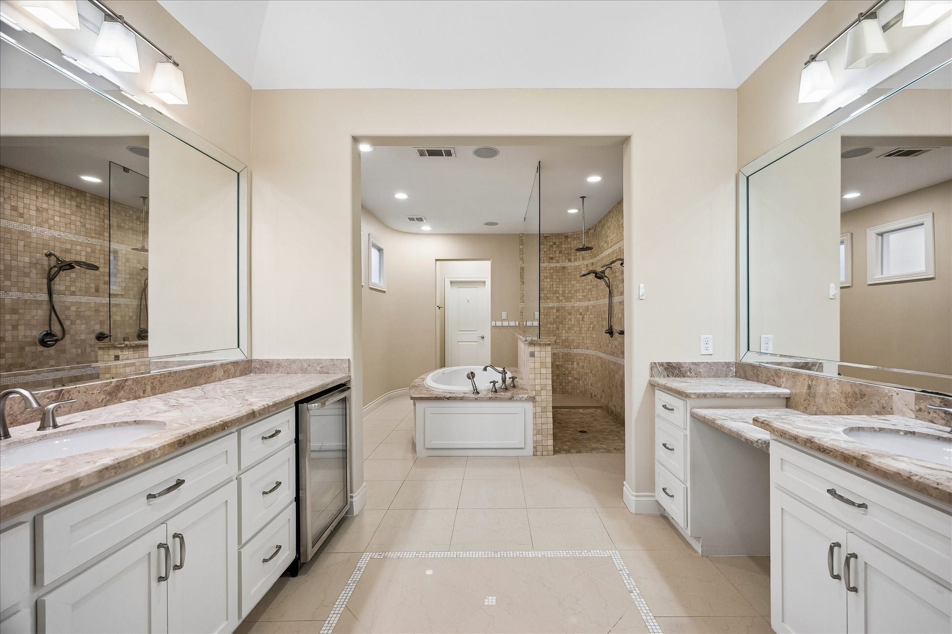 Primary bath with beverage cooler, vanity and dual sinks