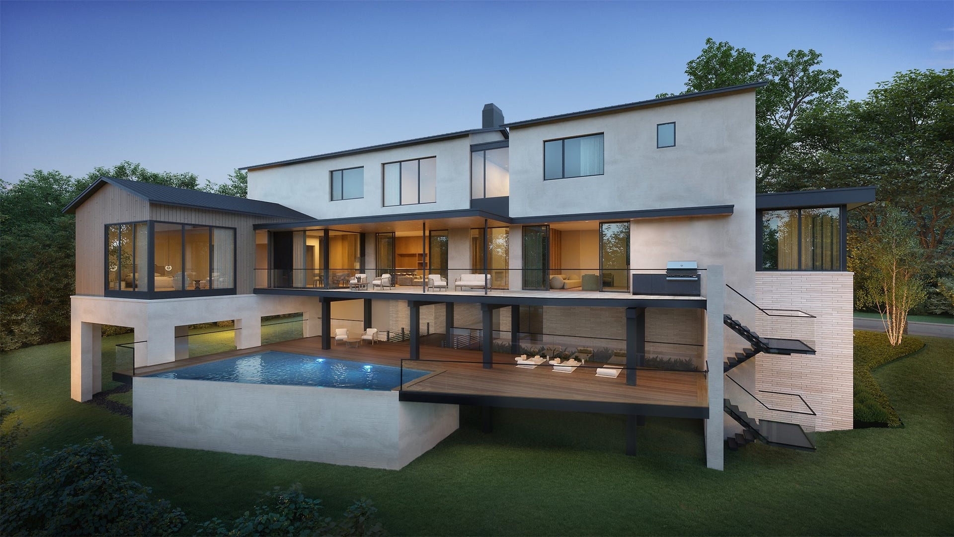 11 Tiel Way, Houston, TX 77019 Architectural rendering of the striking rear elevation, showcasing multiple covered and open-air terraces designed for effortless indoor-outdoor entertaining, inviting lounge areas, and a spectacular vanishing-edge pool. The outdoor wellness area is pre-plumbed for a future sauna and cold plunge, while the main-level terrace is pre-plumbed for a future outdoor kitchen.