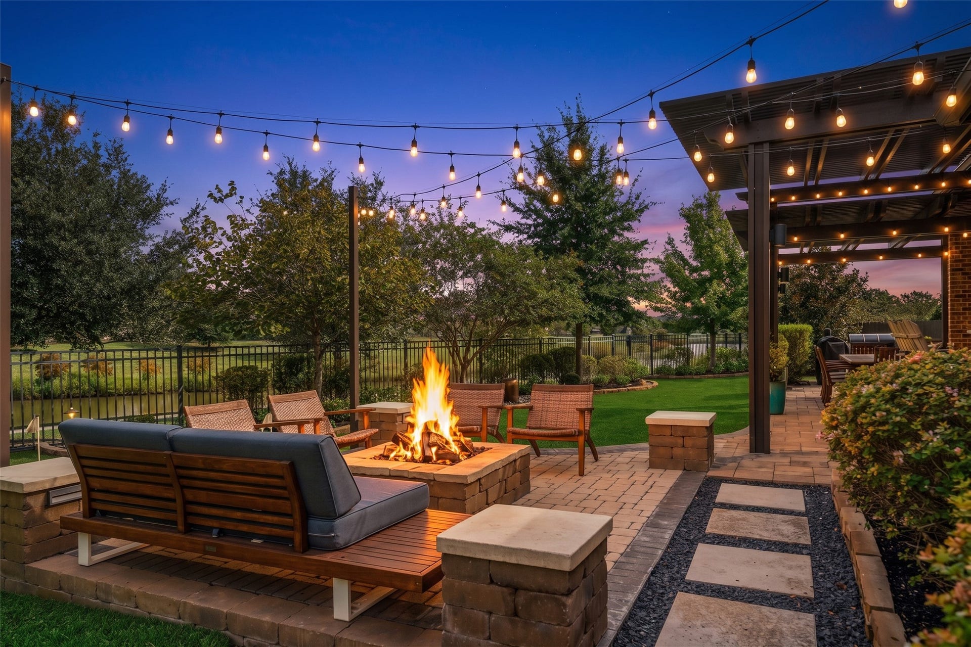 23926 Arcola Glen Lane, Katy, TX 77493 This backyard looks like a magazine cover! Charming open air patio area with string lights and large stone fire pit creates an inviting atmosphere.