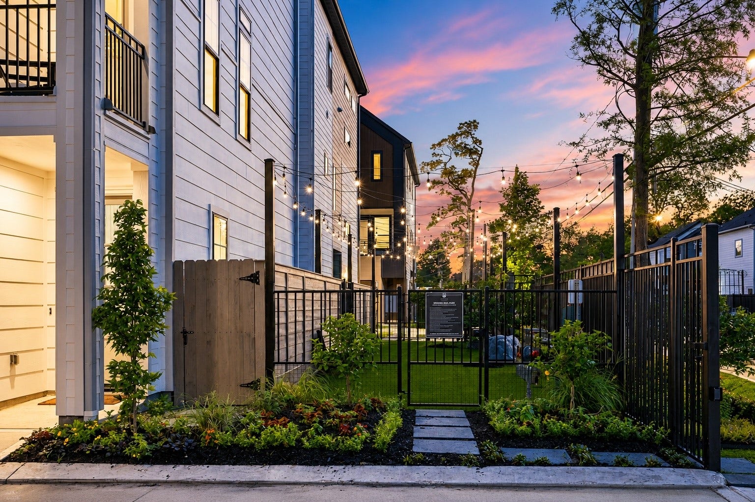 Modern townhouse nestled in a charming community, featuring a well-maintained garden and inviting outdoor lighting, perfect for evening relaxation.