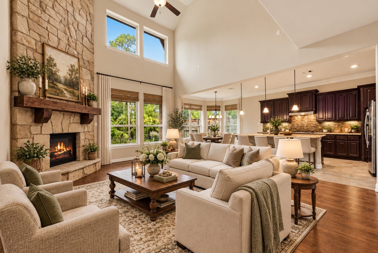 13920 N Lake Branch Lane, Houston, TX 77044 2 story living room with stacked stone fireplace.