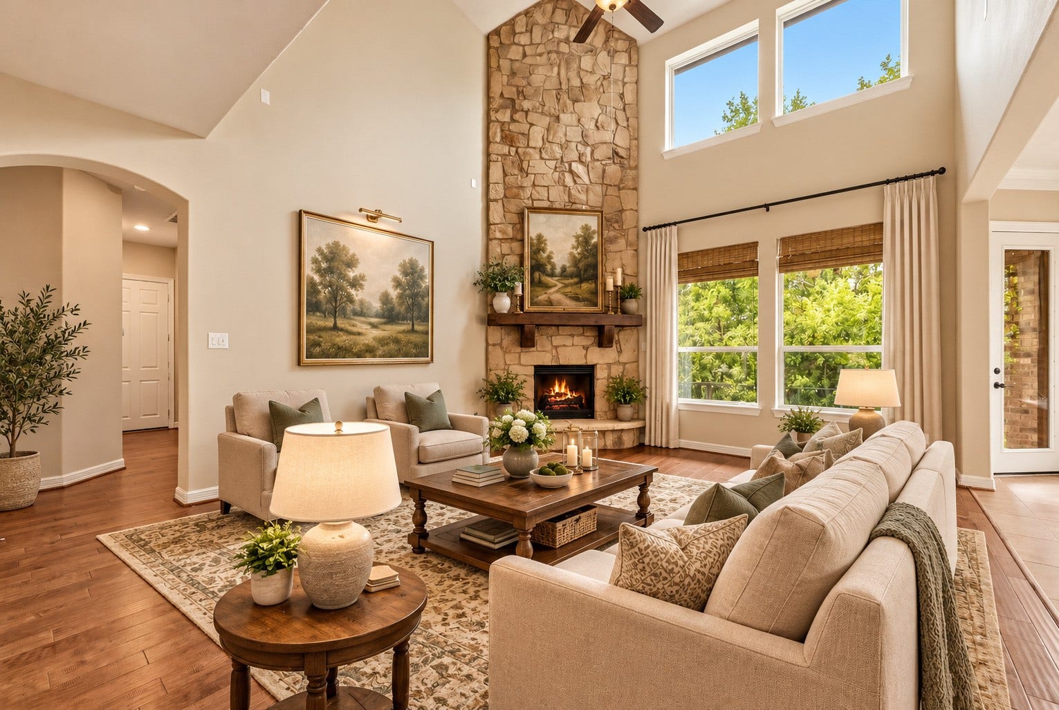 13920 N Lake Branch Lane, Houston, TX 77044 Another view of the living room shown with virtual staging, large windows, floor to ceiling stacked stone fireplace and beautiful wood floors