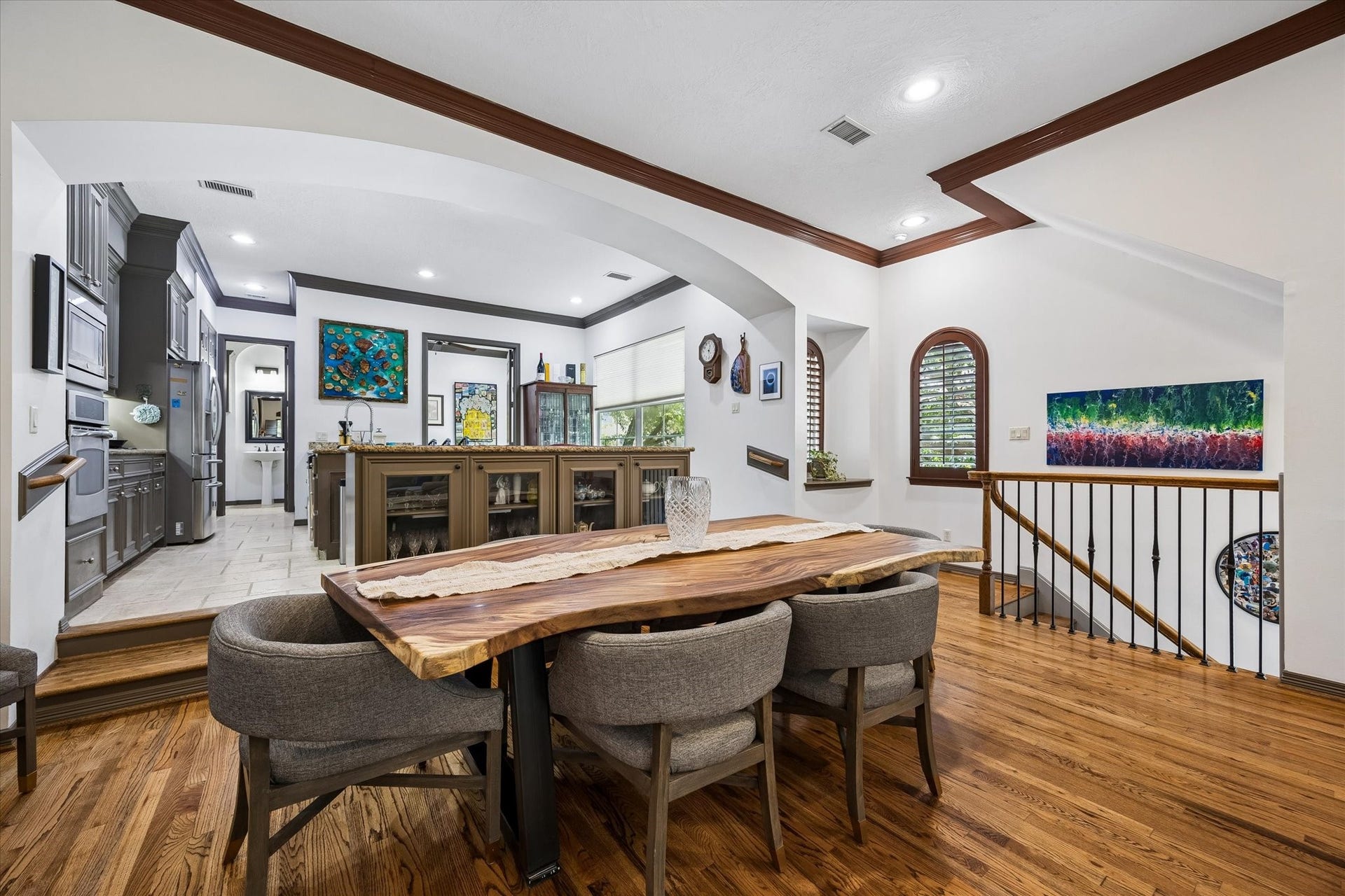 The Dining Room is nicely sized.  Between the Dining Room and the Kitchen is a built in display cabinet with a buffet on top.