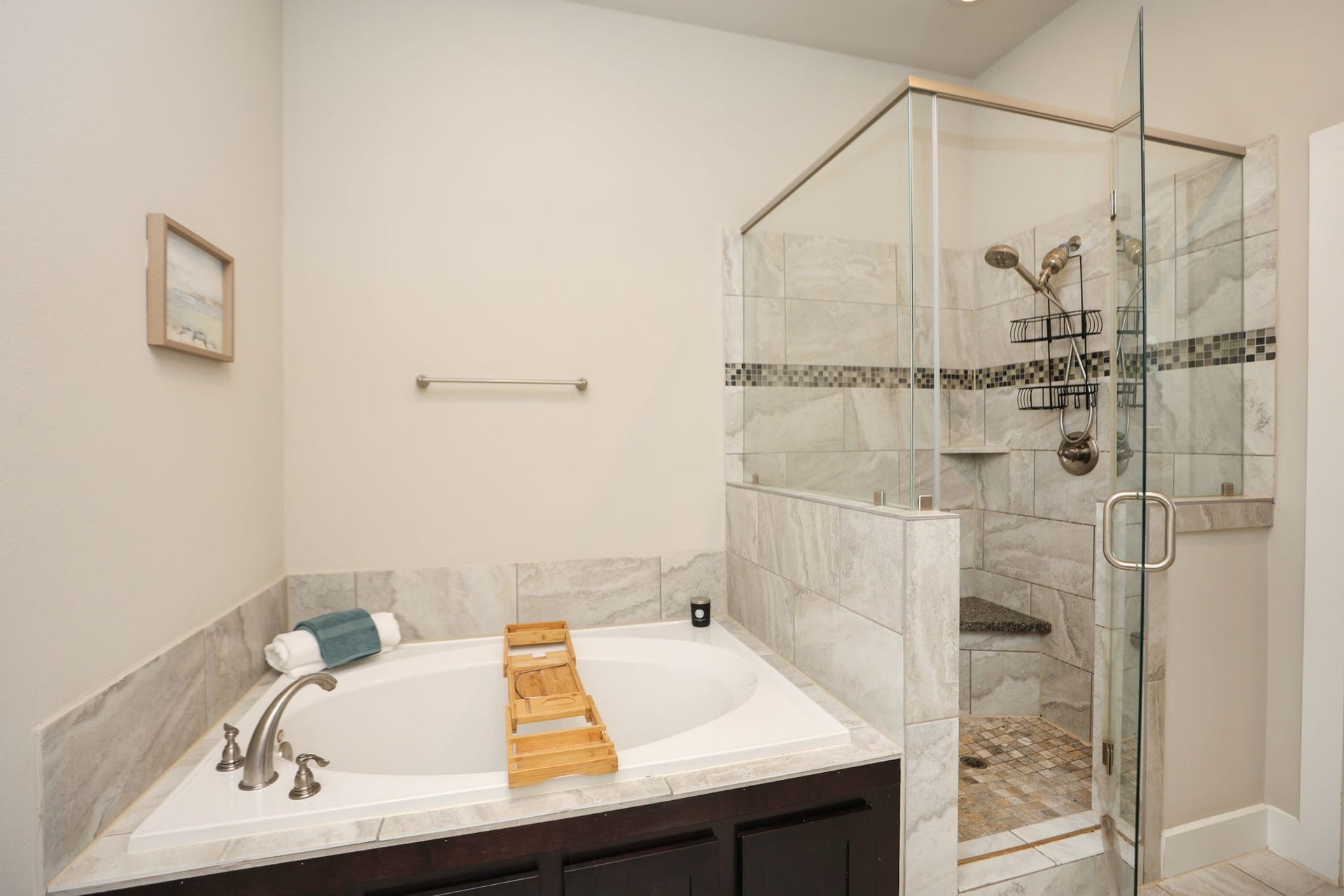 4515 Cornish Street, #A, Houston, TX 77007 Separate shower and soaking tub, as well as a private toilet room (not photographed). Modern tile in every bathroom!