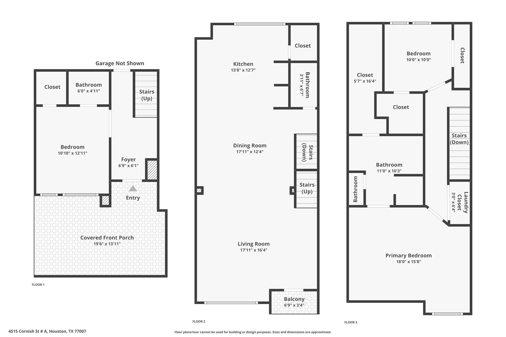 4515 Cornish Street, #A, Houston, TX 77007 Floorplan of 4515 Cornish #A. Note garage is in rear of 1st floor, open concept 2nd floor with guest bath, and spacious primary suite on the 3rd floor. Dark wood floors in public areas with dark cabinetry add to the modern, clean feel of this home!