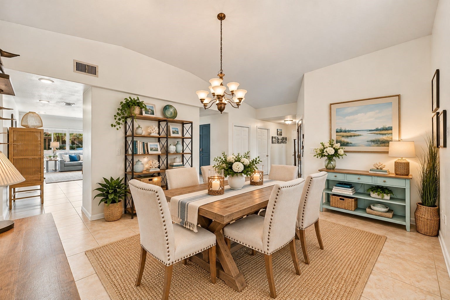 10 Harbor Lane, Kemah, TX 77565 The elegant dining room is conveniently located adjacent to the kitchen and flows seamlessly into the living area, creating an inviting layout perfect for everyday living and effortless entertaining.