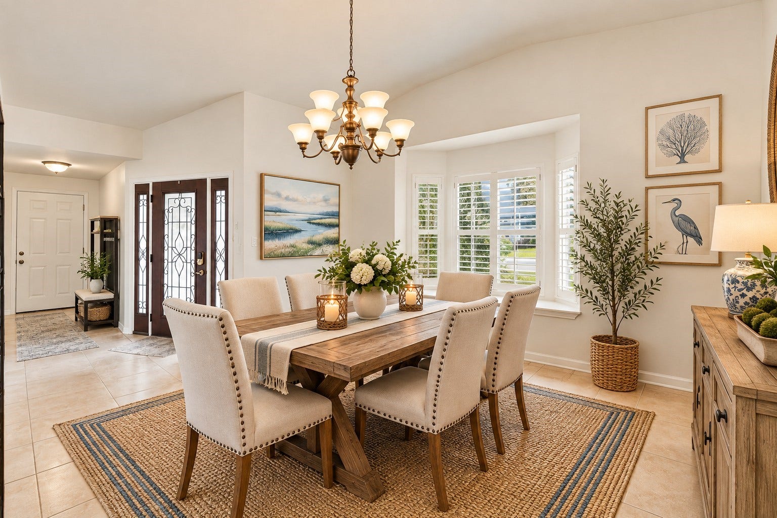 10 Harbor Lane, Kemah, TX 77565 Elegant dining area featuring a charming chandelier that adds a touch of sophistication. Large windows adorned with classic plantation shutters allow abundant natural light to fill the space. (Virtually Staged)