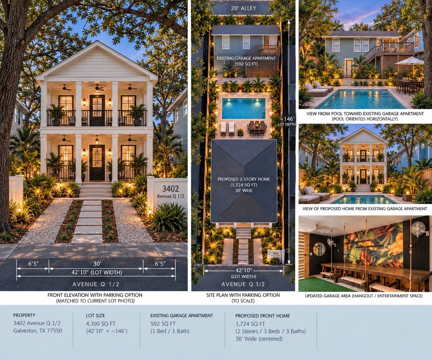 3402 Avenue Q 1/2, Galveston, TX 77550 Rendition of potential custom home and pool on lot.