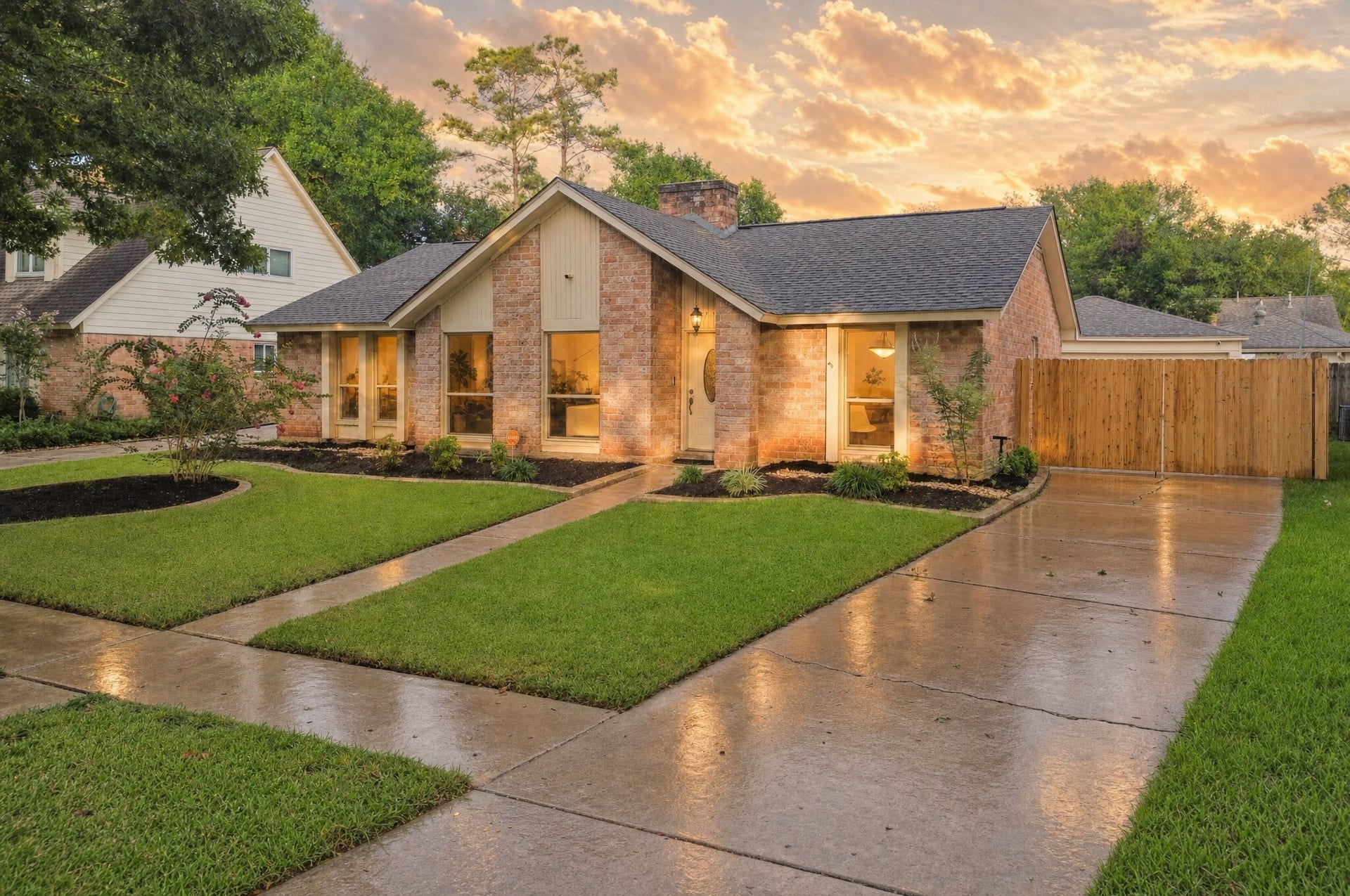 2719 Cotton Stock Drive, Sugar Land, TX 77479 Classic red brick curb appeal anchors this well-maintained single-story Colony Bend home, featuring a striking front-facing gable, a cozy brick chimney, and a durable composition roof. A lantern-lit covered entry and large picture windows welcome you in, framed by professionally landscaped beds and a lush, freshly cut lawn. The extended driveway offers ample parking and flows back to a privacy-fenced gate with detached garage access.