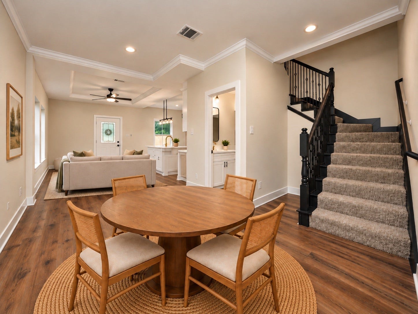 6628 Nielan Street, Houston, TX 77028 Step inside to an inviting open-concept layout featuring 9-foot ceilings, luxury vinyl plank flooring, crown molding, oversized baseboards, and recessed lighting. The dining area flows naturally into the family room and kitchen, while the staircase adds architectural character. | Virtually Staged