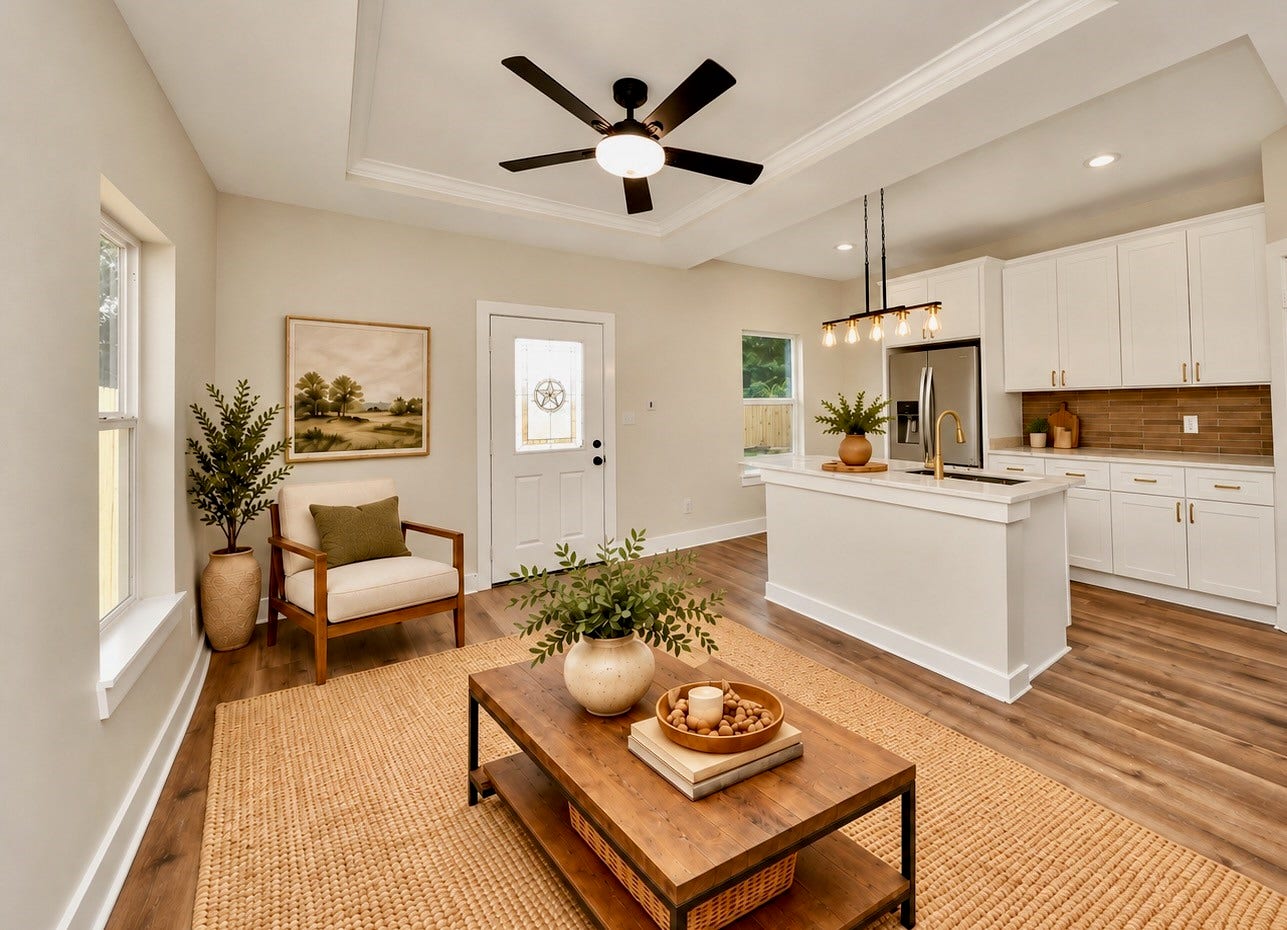 6628 Nielan Street, Houston, TX 77028 Designed with everyday living in mind, the open-concept family room connects directly to the kitchen, where quartz countertops, soft-close cabinetry, and an island provide both style and functionality. | Virtually Staged
