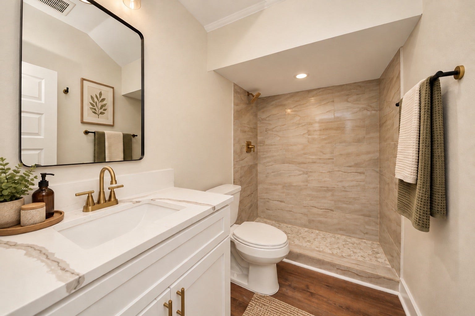 6628 Nielan Street, Houston, TX 77028 Conveniently located on the first floor, this full bathroom features a modern vanity and tiled walk-in shower, providing easy access from the main living areas without having to go upstairs. | Virtually Staged