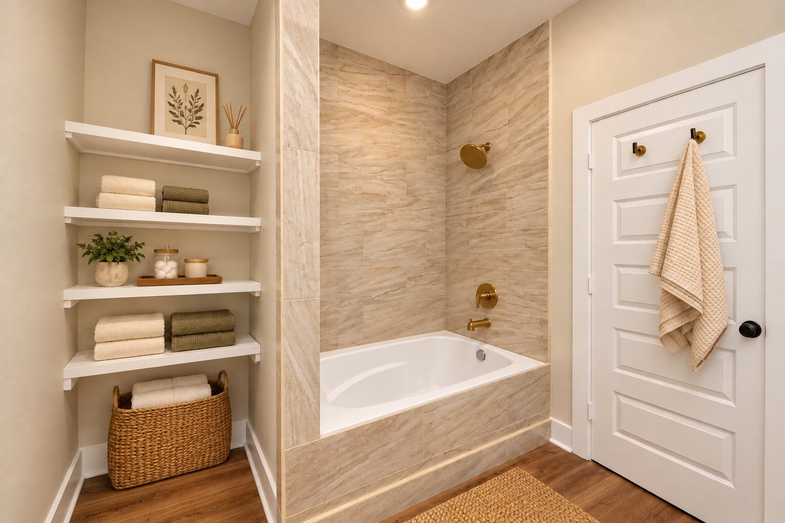 6628 Nielan Street, Houston, TX 77028 Another look at the primary bathroom highlights the separate soaking tub, decorative tile finishes, and built-in shelving, providing additional storage and a relaxing space to unwind. | Virtually Staged