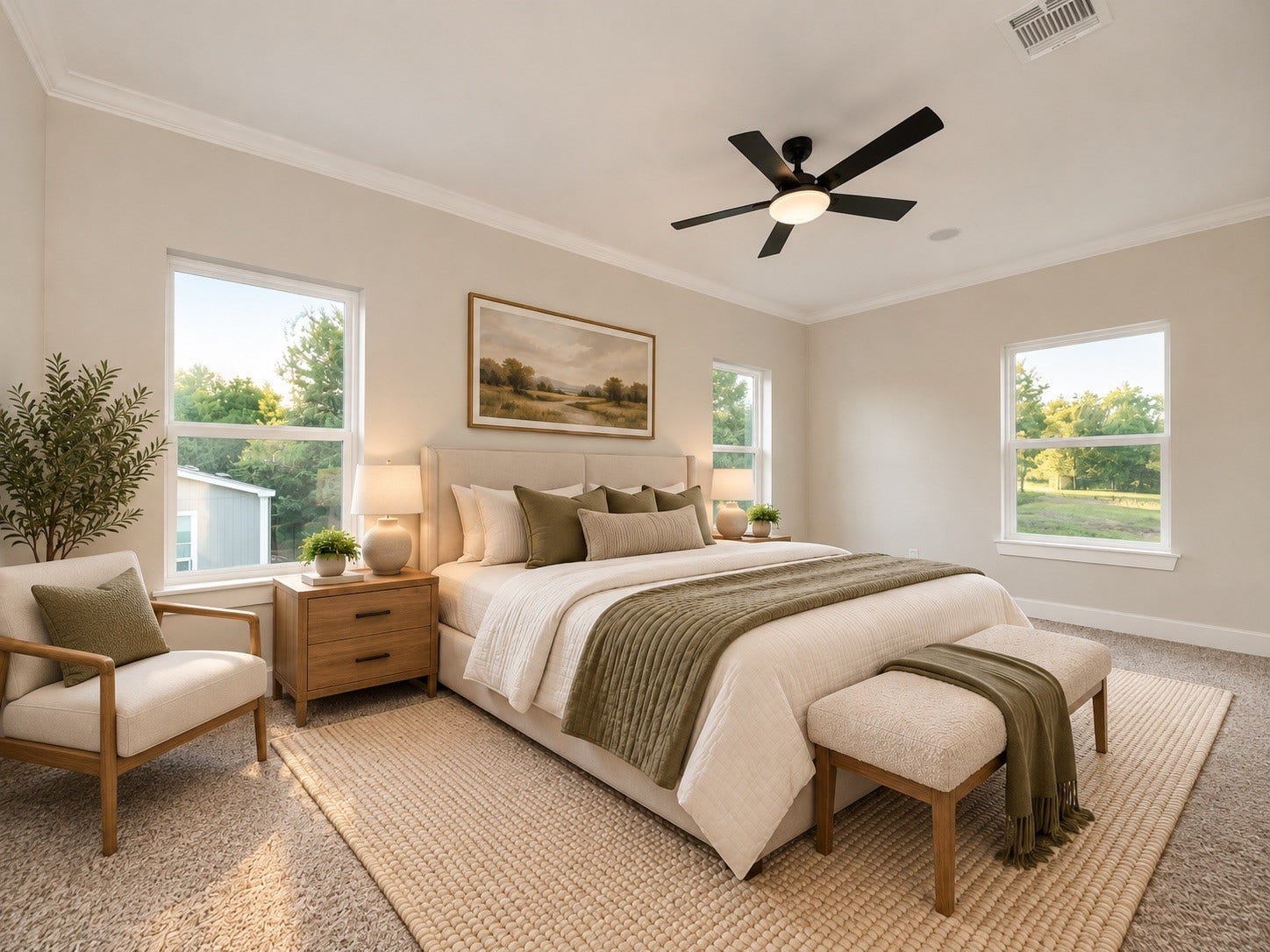 6628 Nielan Street, Houston, TX 77028 Located on the second floor, the spacious primary suite measures approximately 18 x 11 feet and features a tray ceiling, ceiling fan, natural light, and a comfortable layout with access to its private bathroom and walk-in closet. | Virtually Staged