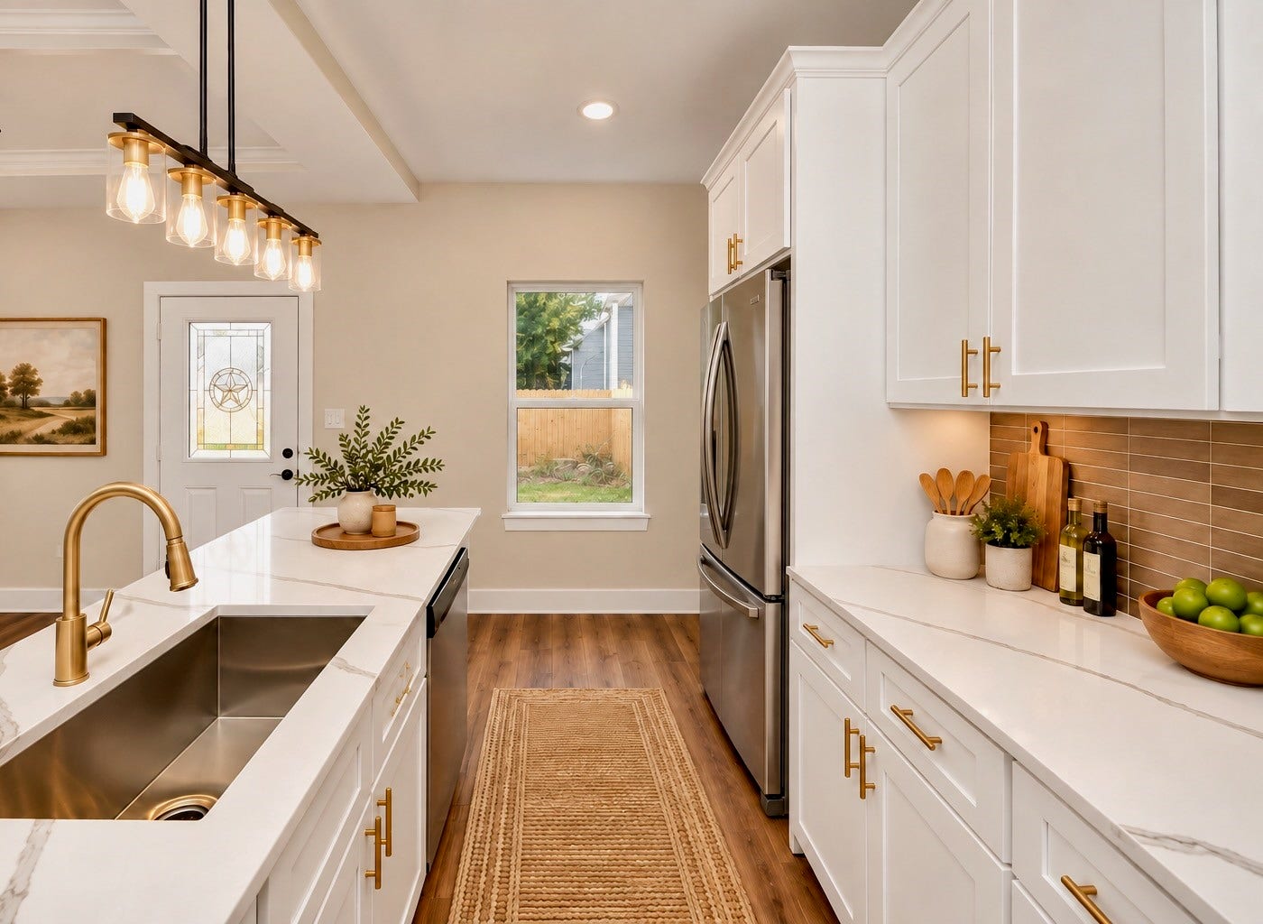 6628 Nielan Street, Houston, TX 77028 The kitchen features quartz countertops, a spacious center island, pendant lighting, white soft-close cabinetry, and a decorative backsplash. Stainless steel appliances and modern fixtures complete the design. | Virtually Staged